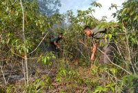 Babinsa bersama warga melakukan upaya pemadaman dengan bantuan alat seadanya. (FOTO: ISTIMEWA)