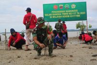 Dansatgas TMMD ke-117 Letkol Inf Budianto Damanik pimpin penanaman ratusan bibit mangrove di pesisir Pulau Buru. Foto: Satgas TMMD