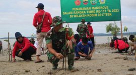 Dansatgas TMMD ke-117 Letkol Inf Budianto Damanik pimpin penanaman ratusan bibit mangrove di pesisir Pulau Buru. Foto: Satgas TMMD
