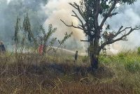 Petugas Pemadam Kebakaran Kabupaten Karimun berjibaku memadamkan api di lahan kosong di Kelurahan Harjosari. Foto: kepriheadline.id