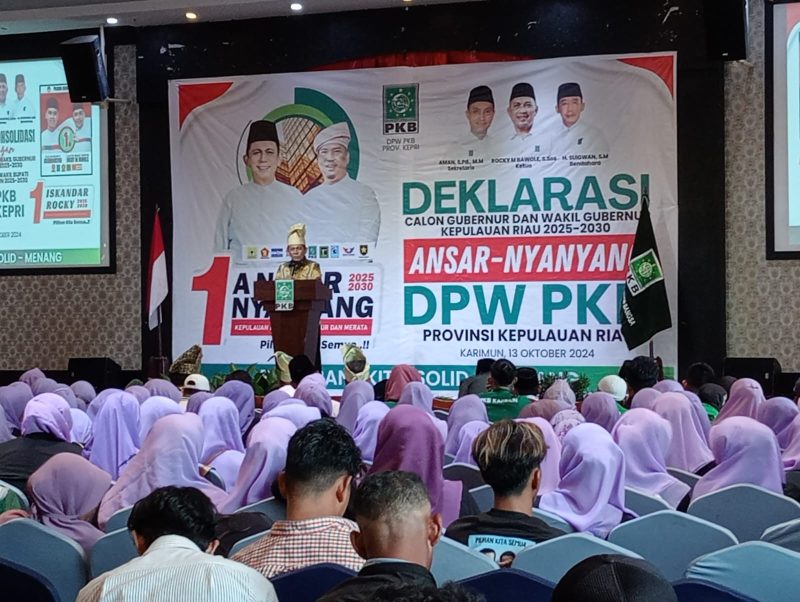 Cawagub Nomor Urut 1 Ansar Ahmad memberikan sambutan dalam Deklarasi Dukungan oleh Kader DPW PKB di Hotel Aston Karimun. Foto: istimewa