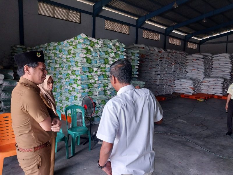 Plt. Kabid Perdagangan Disperkop UKM dan ESDM Kabupaten Karimun, Vandarones Purba mengecek ketersediaan beras di Gudang Bulog. Foto: istimewa