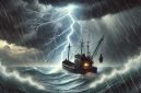 ilustrasi kapal nelayan di tengah laut dengan suasana badai. Foto: ChatGPT