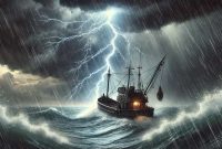 ilustrasi kapal nelayan yang tersambar petir di tengah laut dengan suasana badai. Foto: ChatGPT