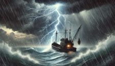 ilustrasi kapal nelayan di tengah laut dengan suasana badai. Foto: ChatGPT
