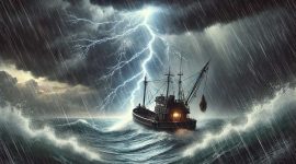 ilustrasi kapal nelayan yang tersambar petir di tengah laut dengan suasana badai. Foto: ChatGPT