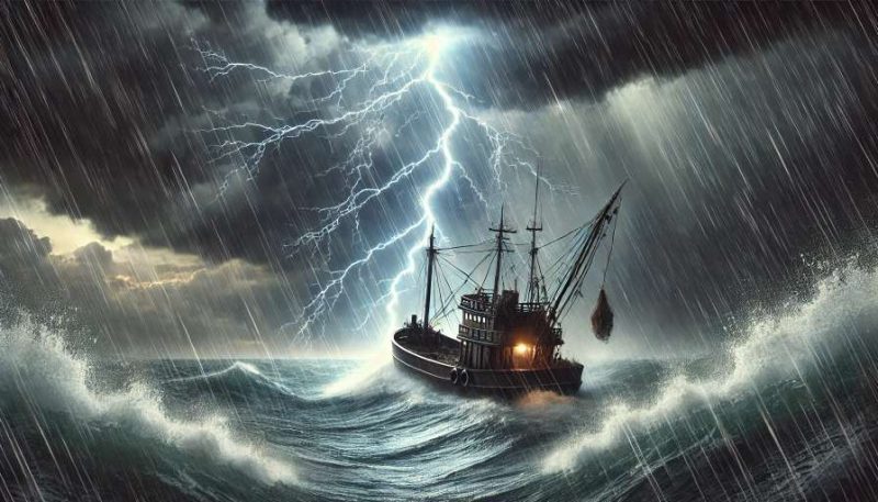 ilustrasi kapal nelayan yang tersambar petir di tengah laut dengan suasana badai. Foto: ChatGPT