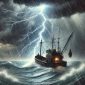 ilustrasi kapal nelayan yang tersambar petir di tengah laut dengan suasana badai. Foto: ChatGPT