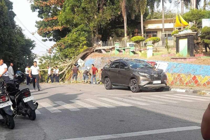 Mobil Terios Tertimpa Pohon di Depan Masjid Baitul Taqwa Karimun. FOTO: ISTIMEWA/KEPRIHEADLINE.ID